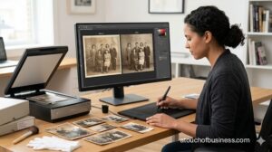 A professional technician using a stylus and digitizing tablet to repair a damaged vintage photo on a monitor.