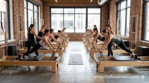 A diverse group of people exercising on Reformer machines in a modern, sunlit Pilates studio during a class.