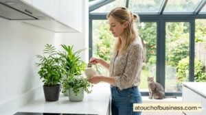 A house sitter watering plants in a bright kitchen solarium, with a cat nearby.