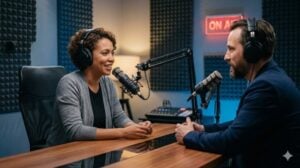 Professional podcast hosts recording in soundproof studio