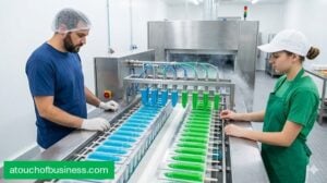 Two workers supervise an automated machine filling popsicle molds on a conveyor belt in a factory.