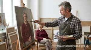 An oil painter works on a canvas portrait of a live subject in a bright art studio.