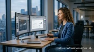 Modern presentation designer working on complex slide layouts using professional software on two monitors at a creative studio.