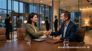 Two PR executives shaking hands during a professional meeting in a sophisticated glass conference room at dusk.