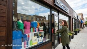 A promotional products storefront on a sunny day. A customer enters the shop with displays of branded shirts.