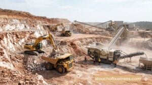 Wide-angle aerial shot of an active open-pit quartz mine with excavators loading massive yellow dump trucks in daytime.