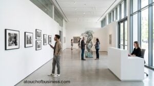 A visitor listens to an audio guide while viewing a series of minimalist black and white photographs in a sunlit art gallery.