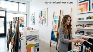 A modern quilt showroom with finished geometric quilts displayed on ladders and white walls.
