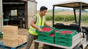 Worker loads crates of fresh raspberries onto a utility vehicle at a farm packing shed.