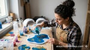 Woman carefully pouring colorful liquid resin into silicone mold at workshop bench for custom art creation.
