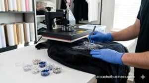 Close-up of hands applying rhinestones to a denim jacket using a heat press tool in a professional workshop.