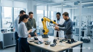 Engineers collaborating on a collaborative robot arm in a modern research lab.