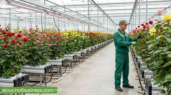 A farmworker meticulously prunes long-stemmed roses inside a modern, high-tech rose cultivation greenhouse.