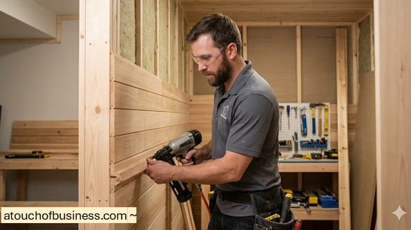 Carpenter installing cedar interlocking wood panels during the construction of a modern indoor residential sauna.