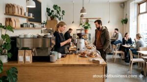 Barista prepares espresso in a Scandinavian café with light wood, minimalism, and pastries.