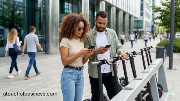 Couple unlocks electric scooters using a smartphone app at a city rental station.