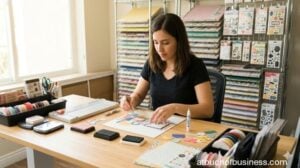 Focused artisan designs a custom scrapbook page layout in a modern craft workshop.