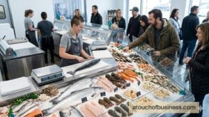 Busy retail seafood counter showing a fishmonger slicing fresh salmon for a customer. A vibrant display of seafood.