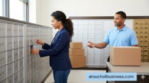 Customer opens secure rental mailbox with a key while a member of the staff assists.
