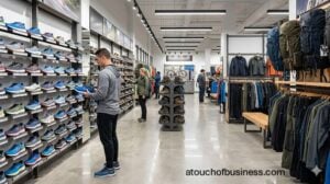 A customer browsing a wide selection of colorful running shoes in a sporting goods store.
