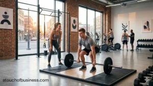 A personal trainer coaches a male client on a barbell deadlift in a modern studio.
