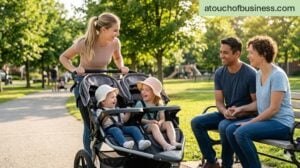 A diverse family happily observes their new agency-placed nanny pushing their children in a park stroller.
