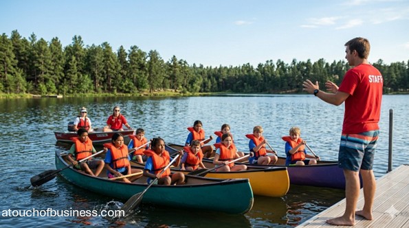 Kids canoeing on a lake at camp