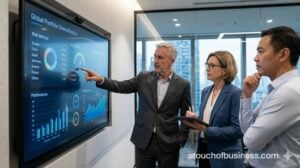 Collaborative team meeting analyzing financial reports in modern private investment firm office.