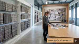 A textile designer examines fabric samples and color charts in a weaving business showroom and design studio.