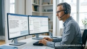 A female project manager coordinating a global translation team via video conference in a modern office.