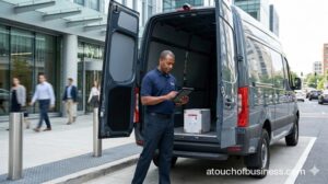 A uniformed expedite courier loads a critical shipment into a modern van in a city loading zone.