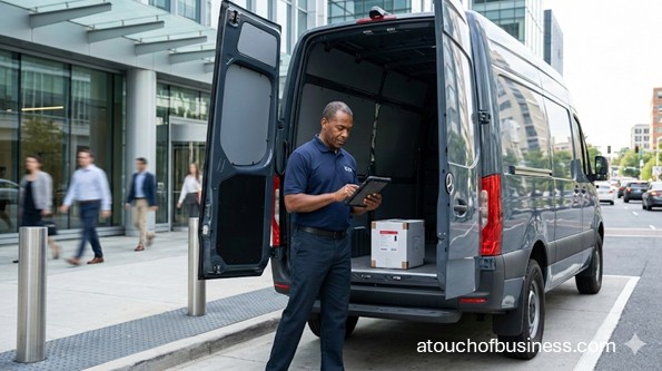 A uniformed expedite courier loads a critical shipment into a modern van in a city loading zone.