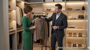 Male image consultant assists female client with selecting professional blazer from a curated wardrobe rack.