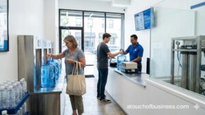 Customers filling large water jugs inside a clean water refilling station with visible filtration system.