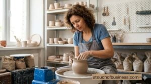 Woman shaping clay pot on wheel in sunlit pottery studio operation.