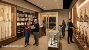 Upscale modern music shop interior featuring displays of brass and woodwind instruments in glass cases and sheet music.