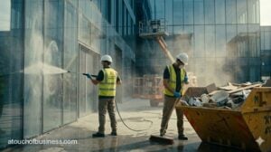 Exterior construction cleanup crew power washing and sweeping debris from a new commercial building facade.