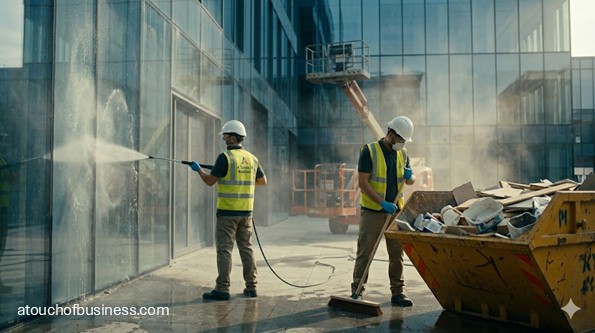 Exterior construction cleanup crew power washing and sweeping debris from a new commercial building facade.