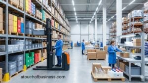 Large warehouse facility for a Laboratory Supply Business. Workers manage high shelves of unbranded scientific inventory.