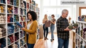 Customers browse colorful wool skeins in a modern, well-lit yarn store.