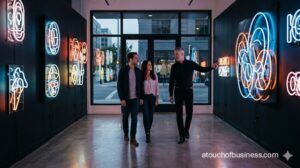 A middle aged man showing abstract glowing neon art installations to a couple in a sleek, modern gallery.