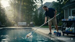 A shot of bearded pool service technician skimming leaves from modern backyard swimming pool at sunrise.