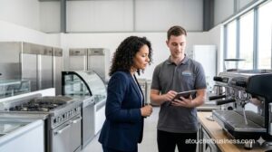 Showroom with a client and consultant discussing leasing commercial espresso equipment.