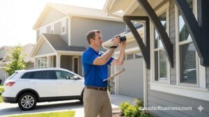 Real estate appraiser inspecting a modern home exterior with a camera.