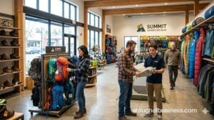 Customers browse high-quality backpacks and tents inside a modern, well-lit camping supply store interior.