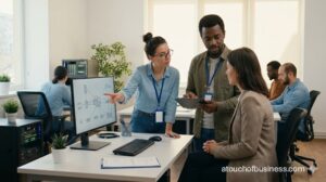 IT consultants explaining network solutions to client.