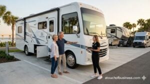 A rental agent provides orientation to a couple checking out a large Class A motorhome at a coastal facility.