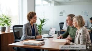 Financial consultant reviewing consolidation options with an older couple in a modern, light-filled office.