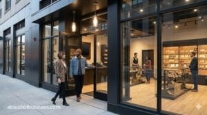 Customers enter a contemporary glass-fronted cigar store with modern lighting and sleek displays in an urban setting.