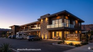 Dusk view of the Desert Willow Lodge motel with warm LED lighting, featuring modern wood and stone architecture.